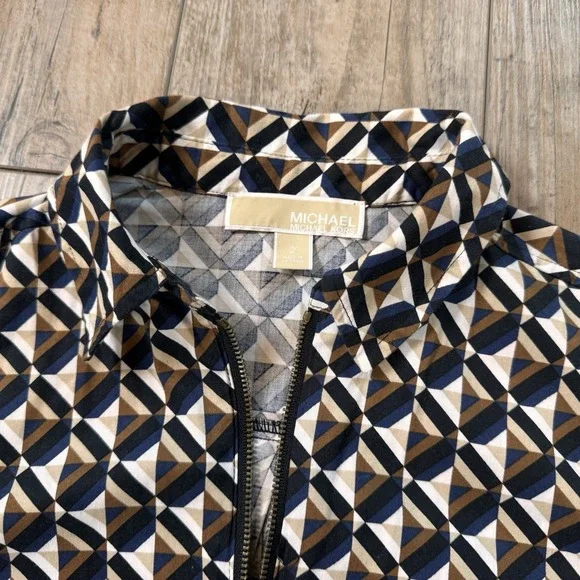 MICHAEL Michael Kors Zip-Front Shirt Size 2 Geometric Print Long Sleeve Blouse - Picture 7 of 11